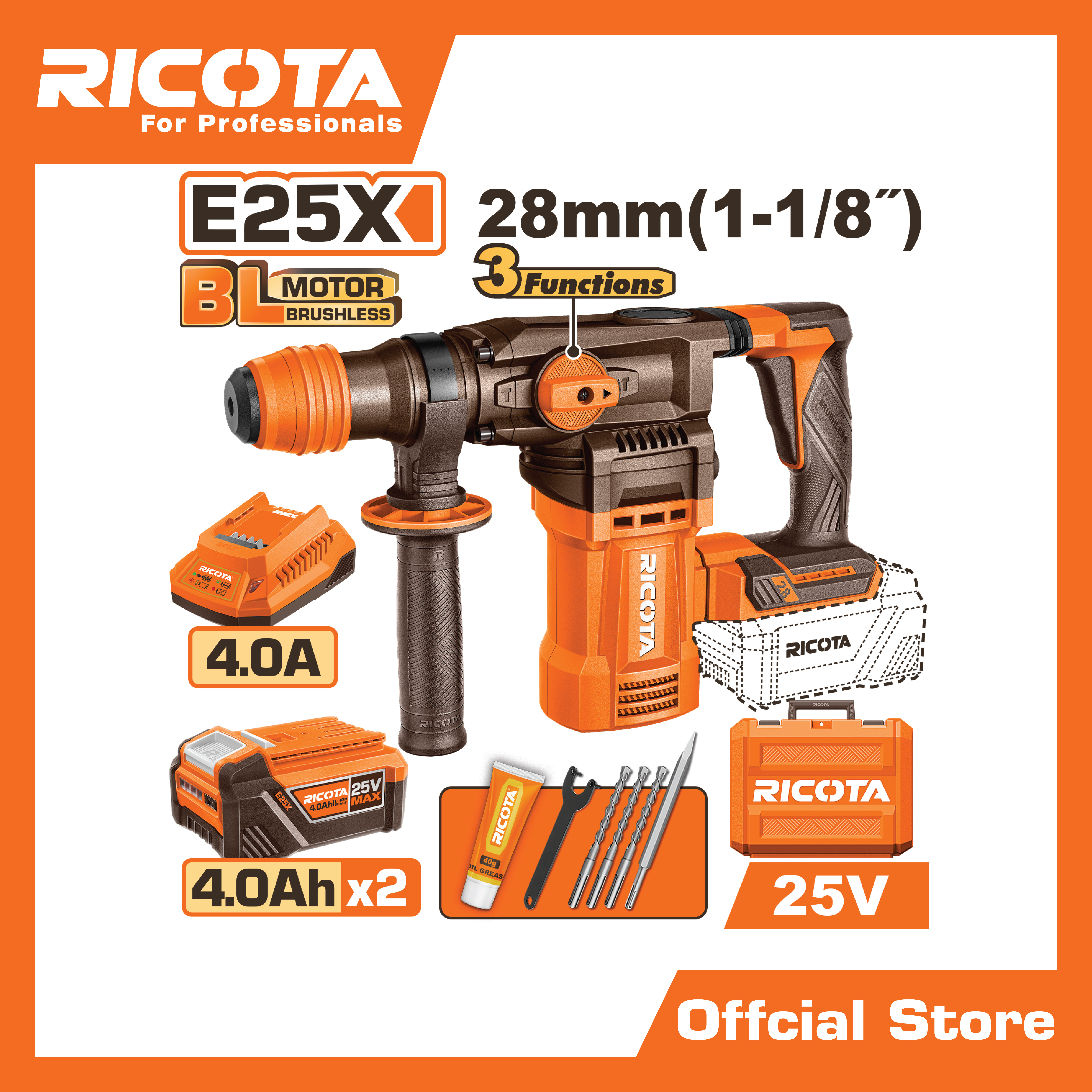สว่านโรตารี่แบตเตอรี่ไร้สาย 25V.(28mm.)(แบตเตอรี่+ที่ชาร์จ)