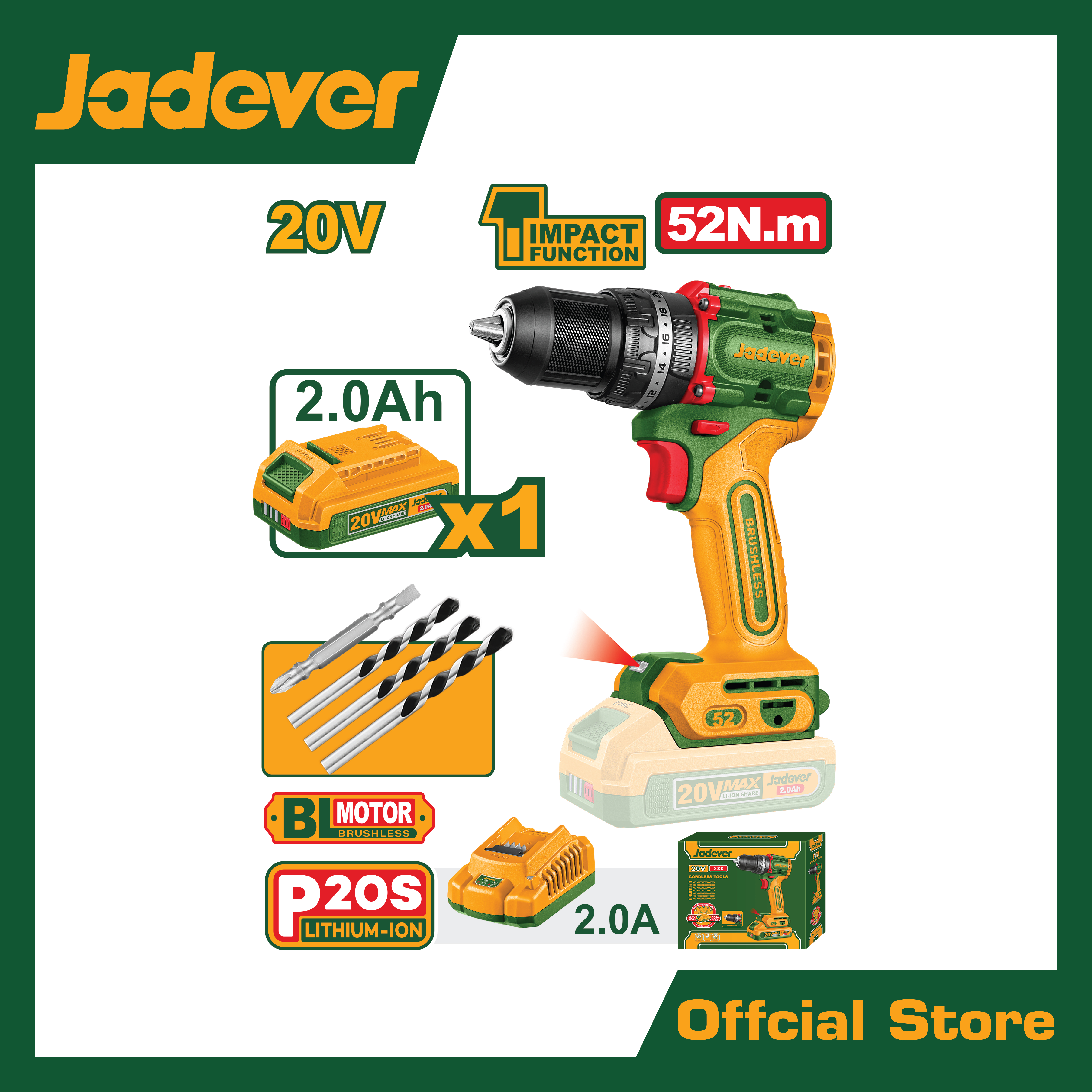 สว่านแบตเตอรี่ไร้สาย 20V.(แบตเตอรี่+ที่ชาร์จ)