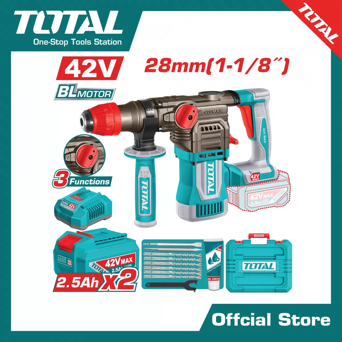 สว่านโรตารี่ 28มิล ไร้สาย 42V.(แบตเตอรี่+ที่ชาร์จ)