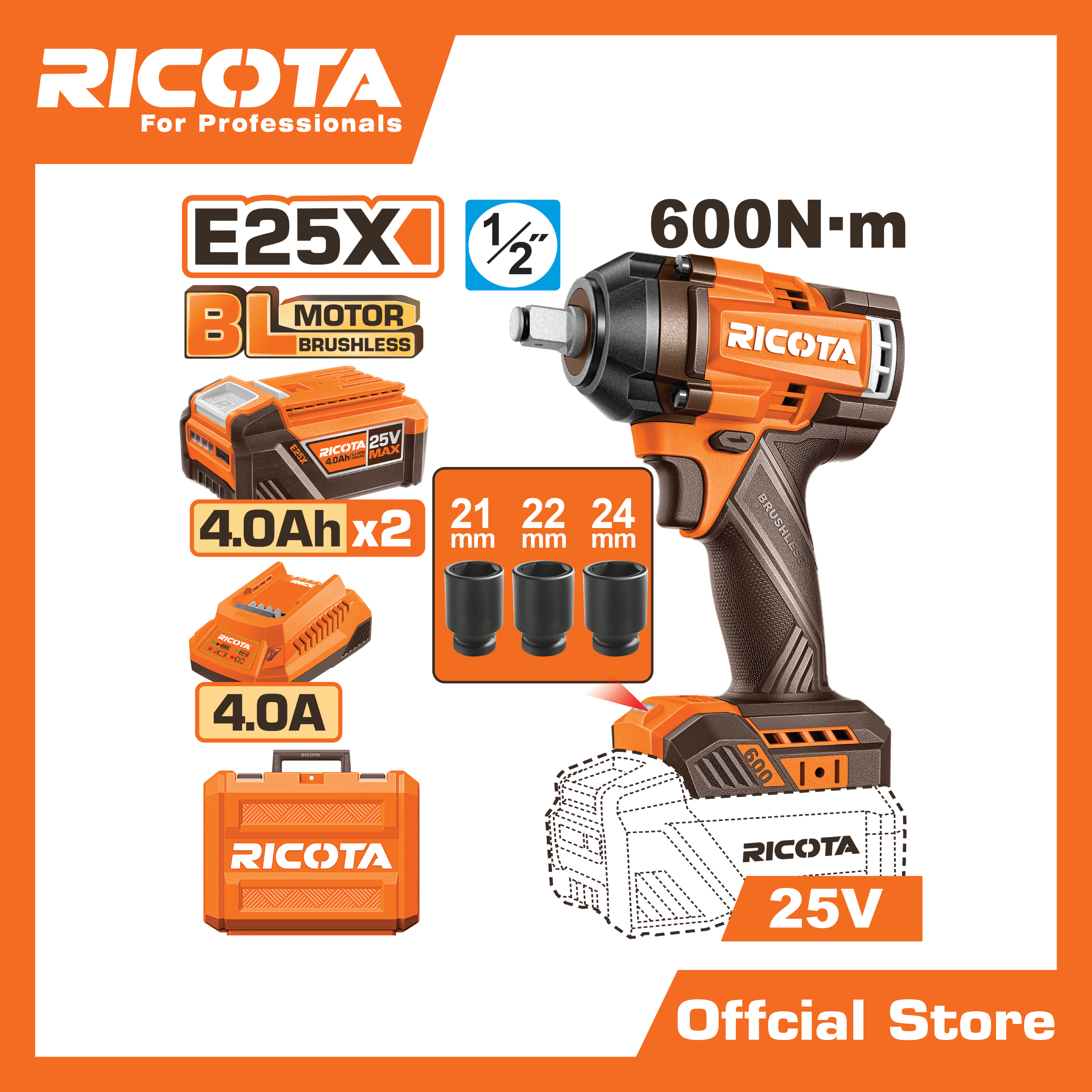 บล็อกแบตเตอรี่ไร้สาย 25V. (21,22,24mm.)(แบตเตอรี่+ที่ชาร์จ)