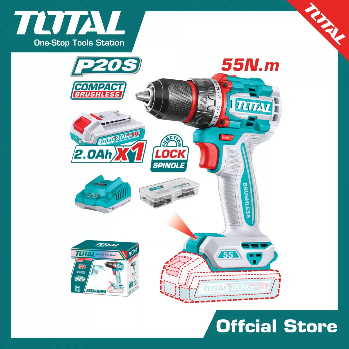 สว่านแบตเตอรี่ไร้สาย20V (แบตเตอรี่+ที่ชาร์จ)